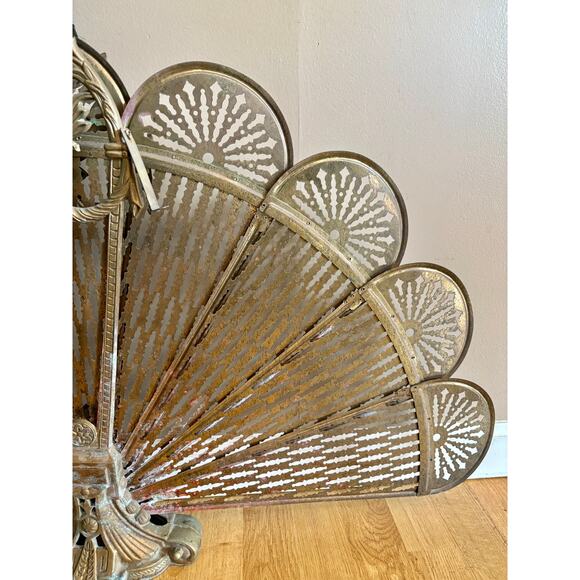 Vintage MCM Victorian Brass Fireplace Fan Peacock Folding Screen Ornate Art Deco - Picture 6 of 10